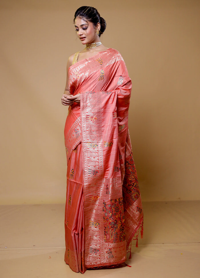 Pink Tussar Silk Saree With Blouse Piece