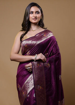 Purple Tussar Silk Saree With Blouse Piece