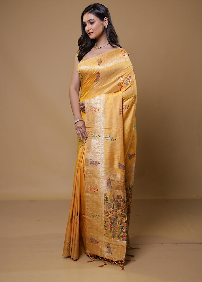 Yellow Tussar Silk Saree With Blouse Piece