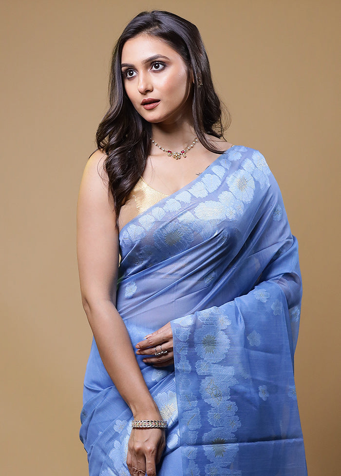 Blue Organza Saree With Blouse Piece