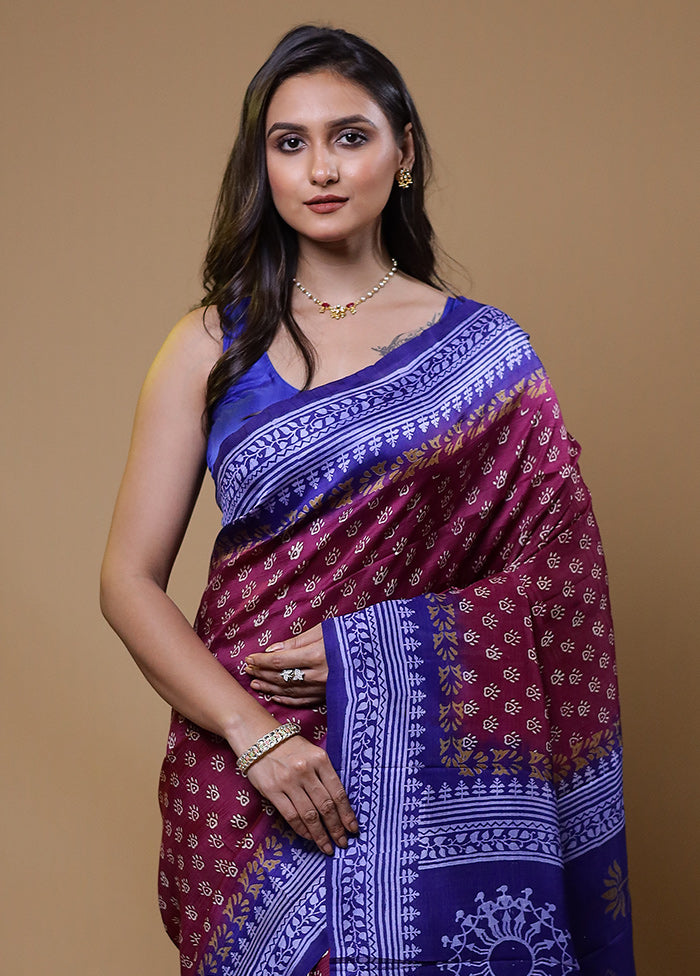 Purple Printed Pure Silk Saree Without Blouse Piece