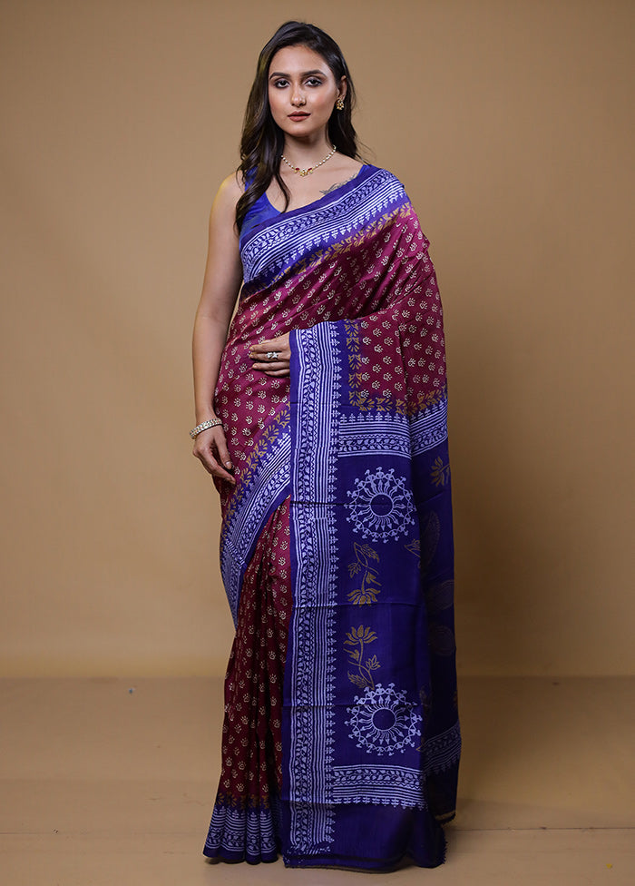 Purple Printed Pure Silk Saree Without Blouse Piece