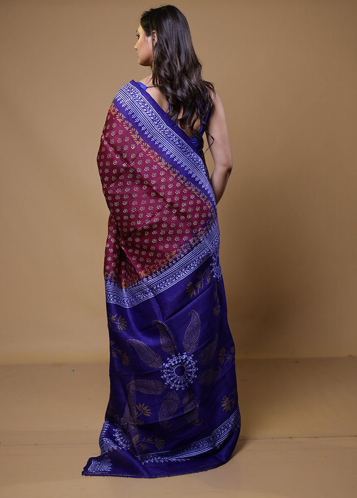 Purple Printed Pure Silk Saree Without Blouse Piece