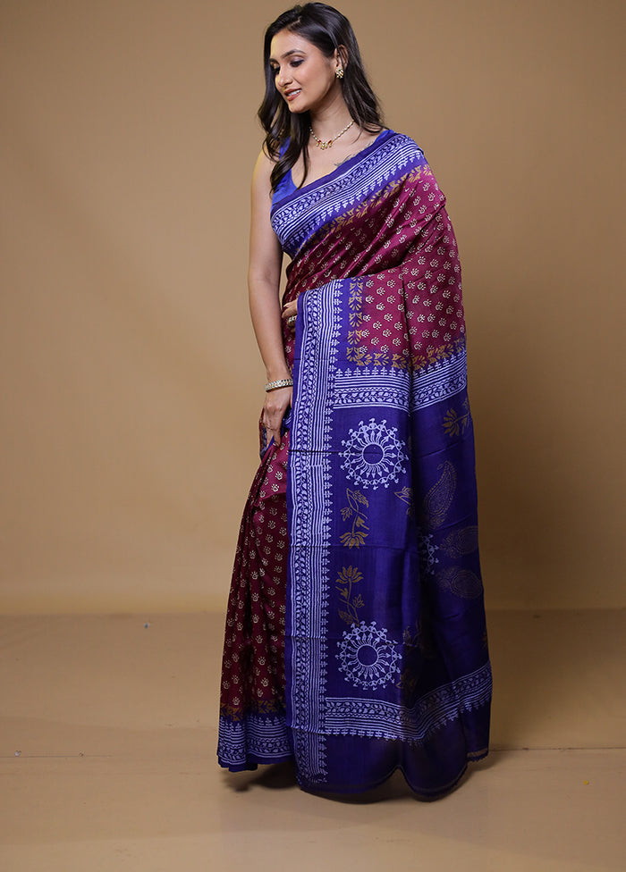 Purple Printed Pure Silk Saree Without Blouse Piece