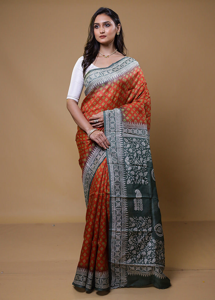 Orange Printed Pure Silk Saree Without Blouse Piece