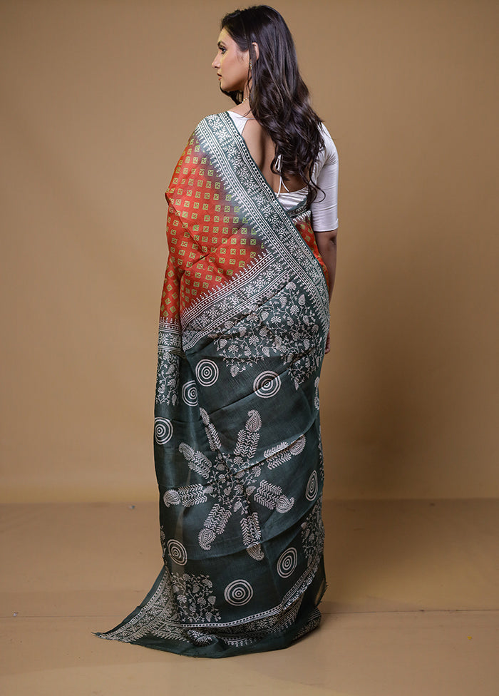 Orange Printed Pure Silk Saree Without Blouse Piece