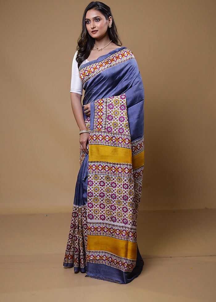 Grey Printed Pure Silk Saree Without Blouse Piece