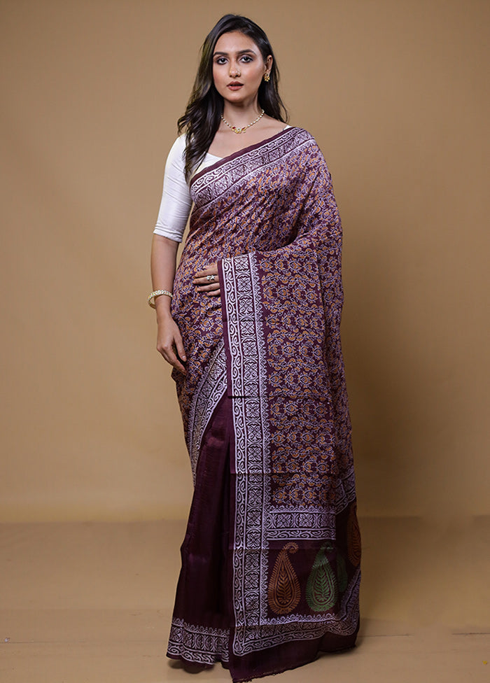 Purple Printed Pure Silk Saree Without Blouse Piece