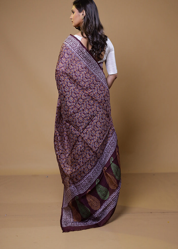 Purple Printed Pure Silk Saree Without Blouse Piece