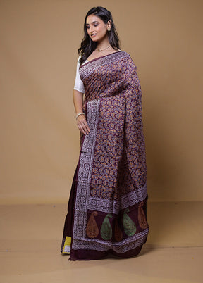 Purple Printed Pure Silk Saree Without Blouse Piece