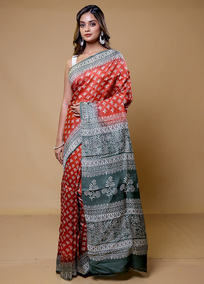 Red Printed Pure Silk Saree Without Blouse Piece