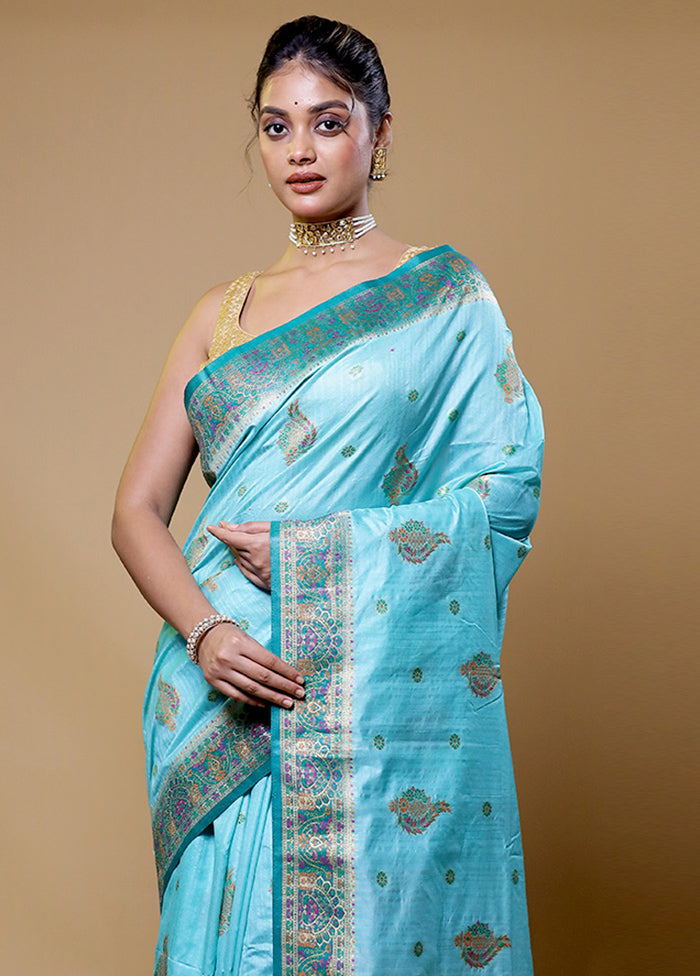 Blue Dupion Silk Saree With Blouse Piece