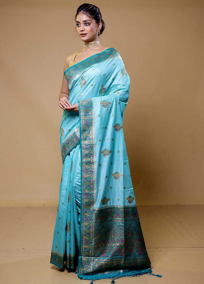 Blue Dupion Silk Saree With Blouse Piece