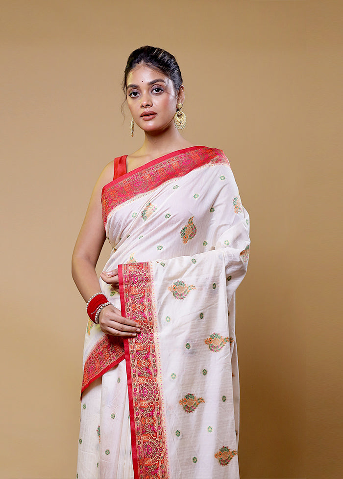 Cream Dupion Silk Saree With Blouse Piece