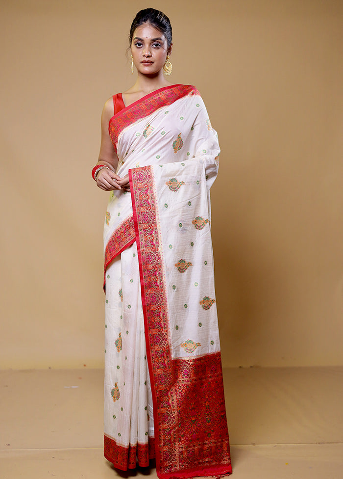 Cream Dupion Silk Saree With Blouse Piece