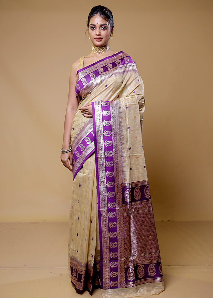 Cream Tussar Silk Saree With Blouse Piece