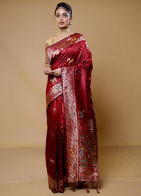 Red Tussar Silk Saree With Blouse Piece