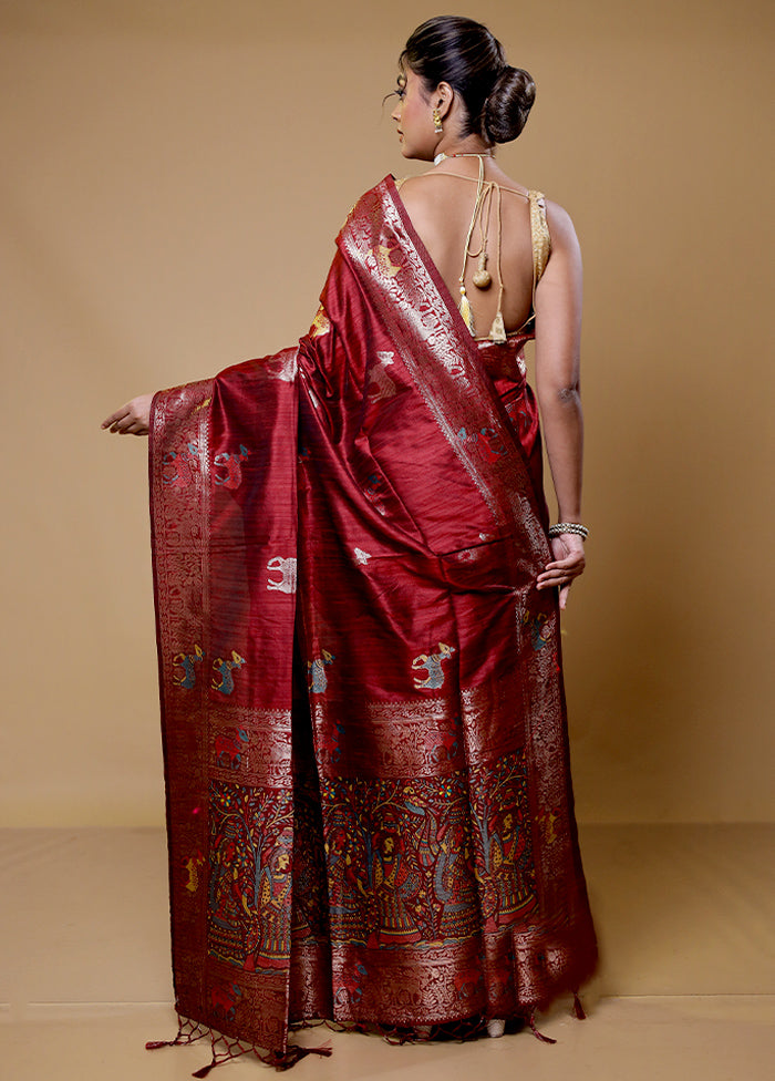 Red Tussar Silk Saree With Blouse Piece