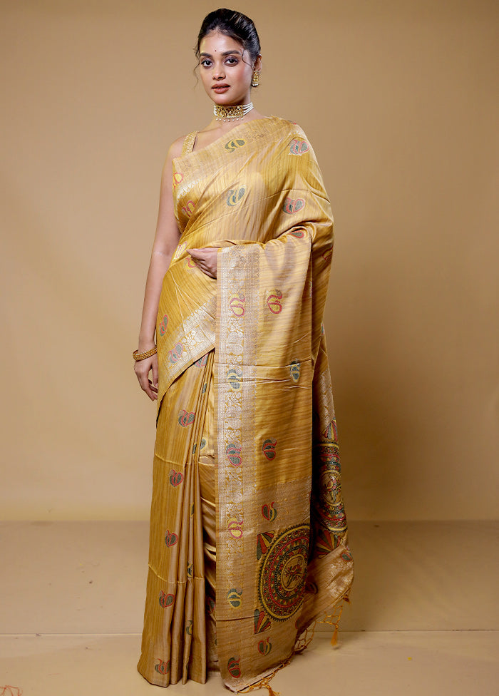 Yellow Tussar Silk Saree With Blouse Piece