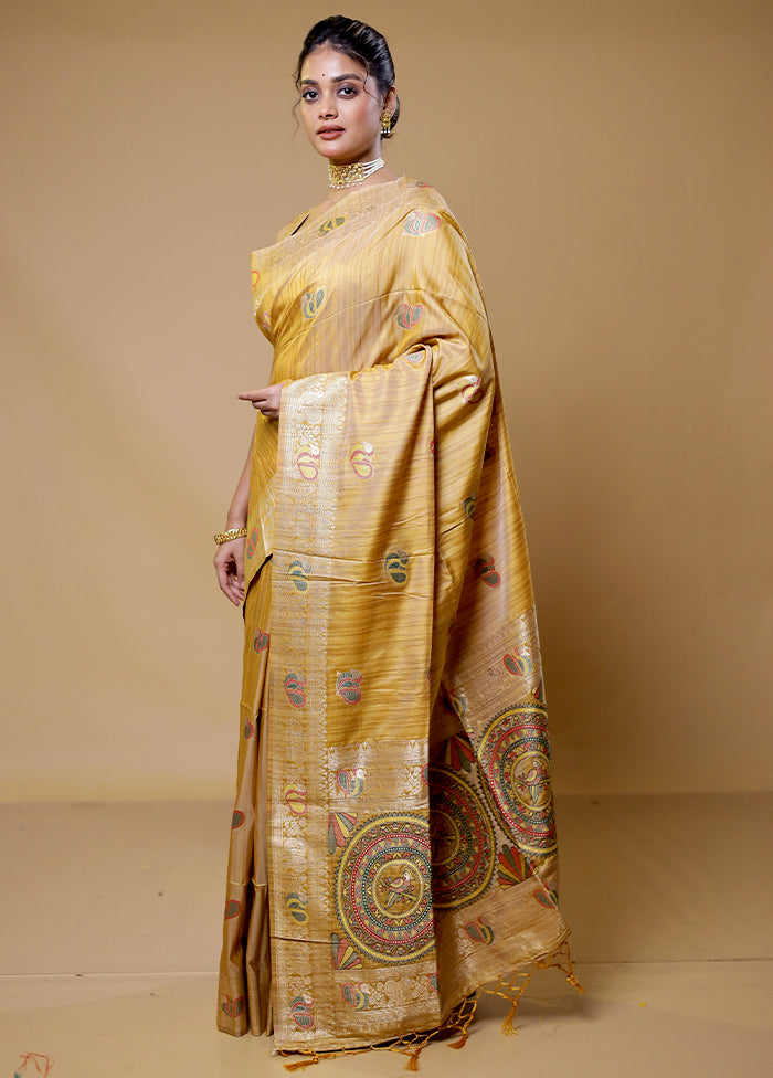 Yellow Tussar Silk Saree With Blouse Piece