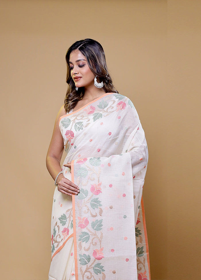 White Pure Cotton Saree With Blouse Piece