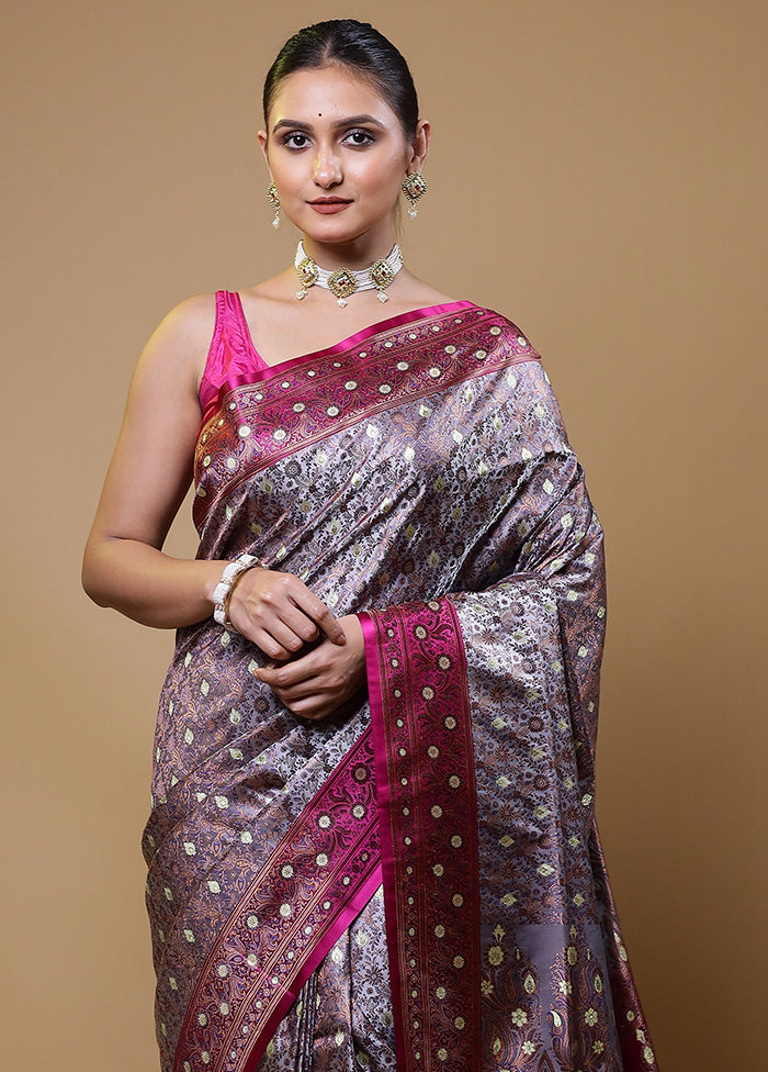 Grey Handloom Tanchoi Pure Silk Saree With Blouse Piece