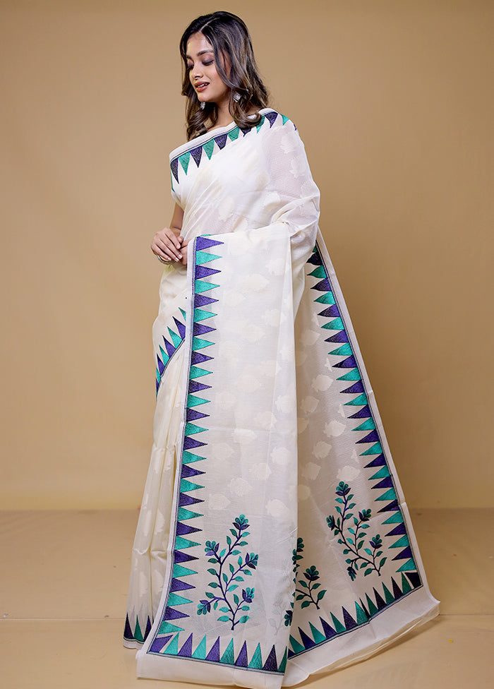 White Pure Cotton Saree With Blouse Piece