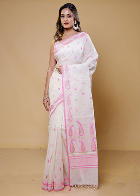 White Pure Cotton Saree With Blouse Piece