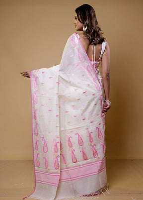 White Pure Cotton Saree With Blouse Piece