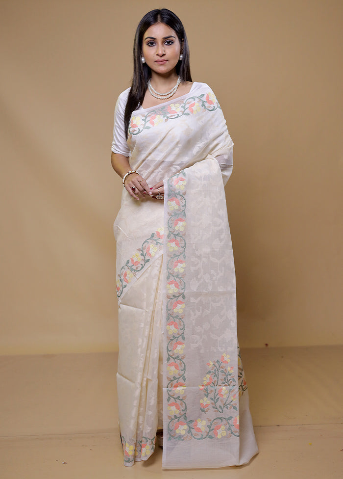 White Pure Cotton Saree With Blouse Piece