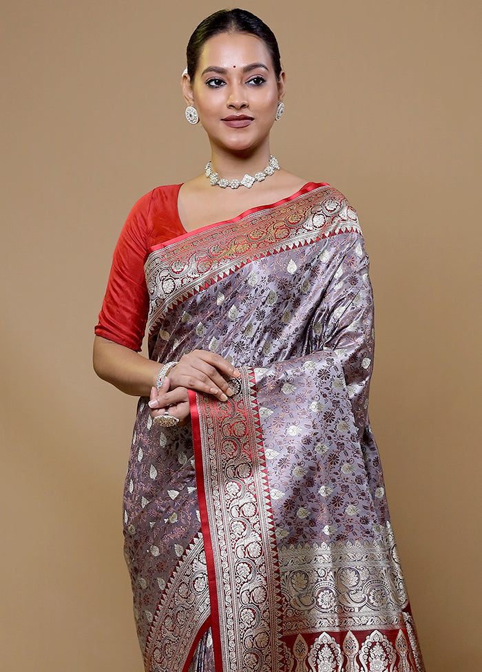 Grey Handloom Tanchoi Pure Silk Saree With Blouse Piece