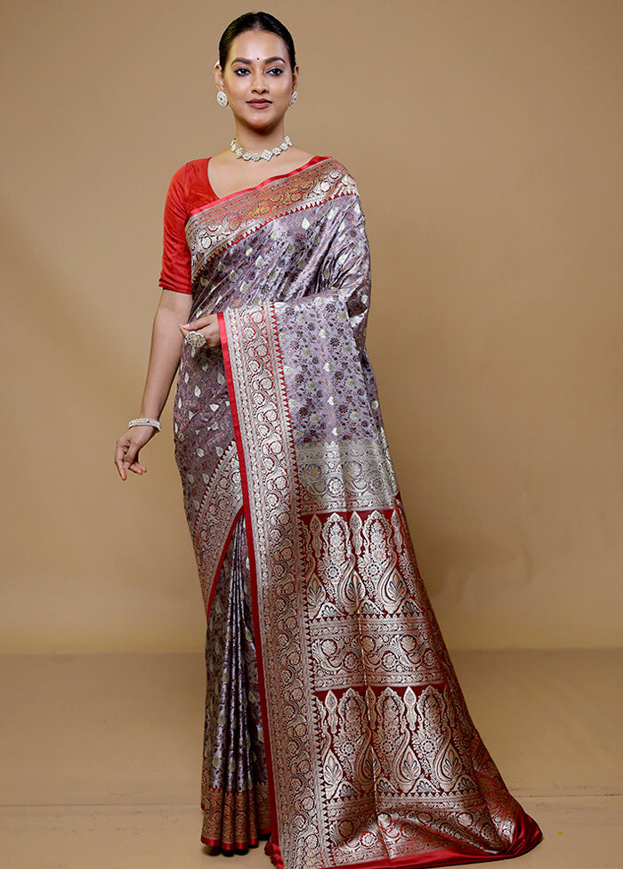 Grey Handloom Tanchoi Pure Silk Saree With Blouse Piece