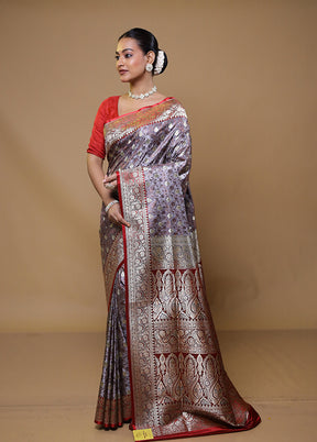 Grey Handloom Tanchoi Pure Silk Saree With Blouse Piece