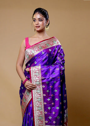 Purple Handloom Banarasi Pure Silk Saree With Blouse Piece