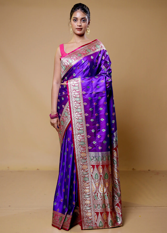 Purple Handloom Banarasi Pure Silk Saree With Blouse Piece