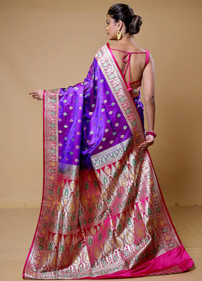 Purple Handloom Banarasi Pure Silk Saree With Blouse Piece