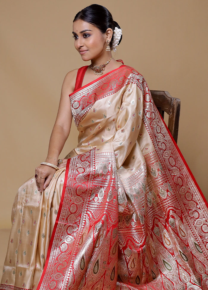 Cream Handloom Banarasi Pure Silk Saree With Blouse Piece