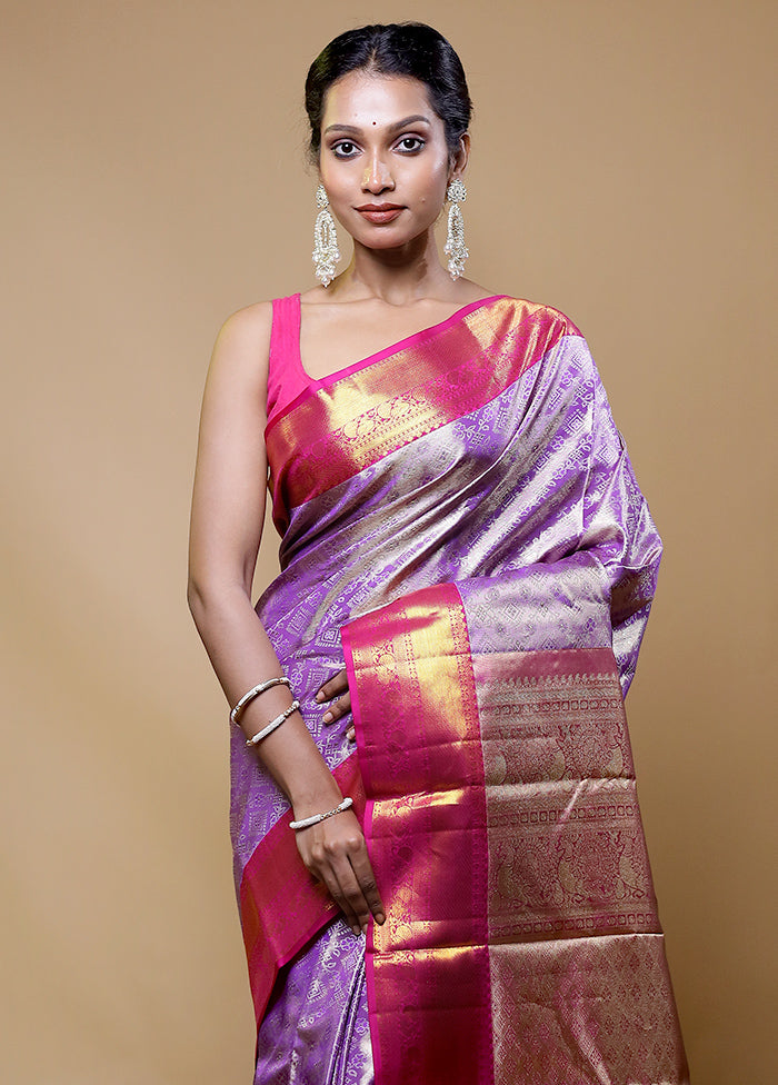 Purple Handloom Kanchipuram Pure Silk Saree With Blouse Piece