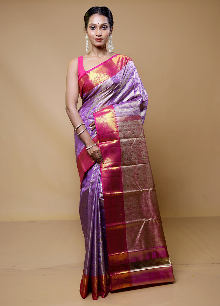 Purple Handloom Kanchipuram Pure Silk Saree With Blouse Piece