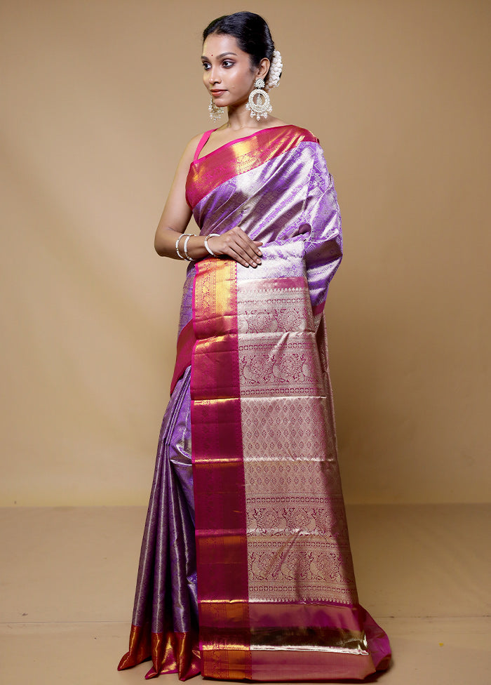 Purple Handloom Kanchipuram Pure Silk Saree With Blouse Piece