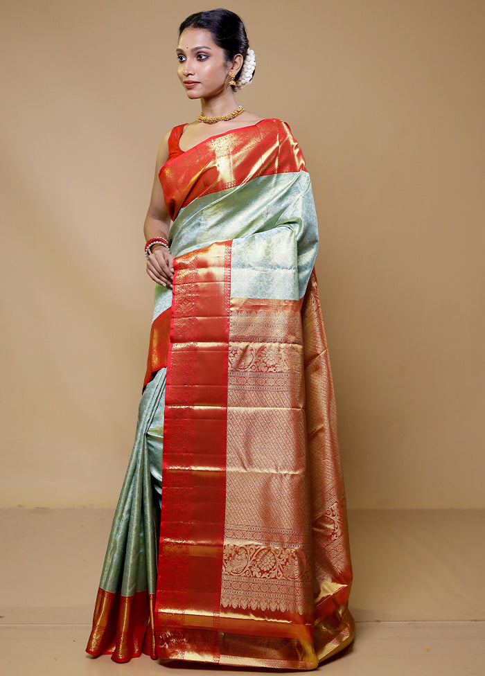 Green Handloom Kanchipuram Pure Silk Saree With Blouse Piece