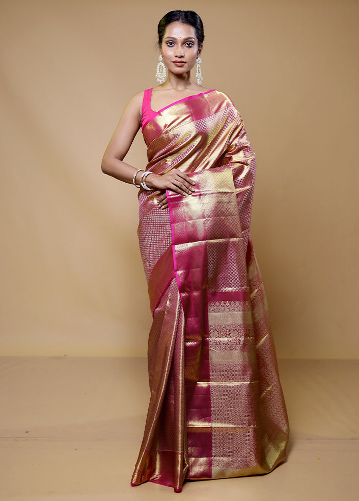 Pink Handloom Kanchipuram Pure Silk Saree With Blouse Piece