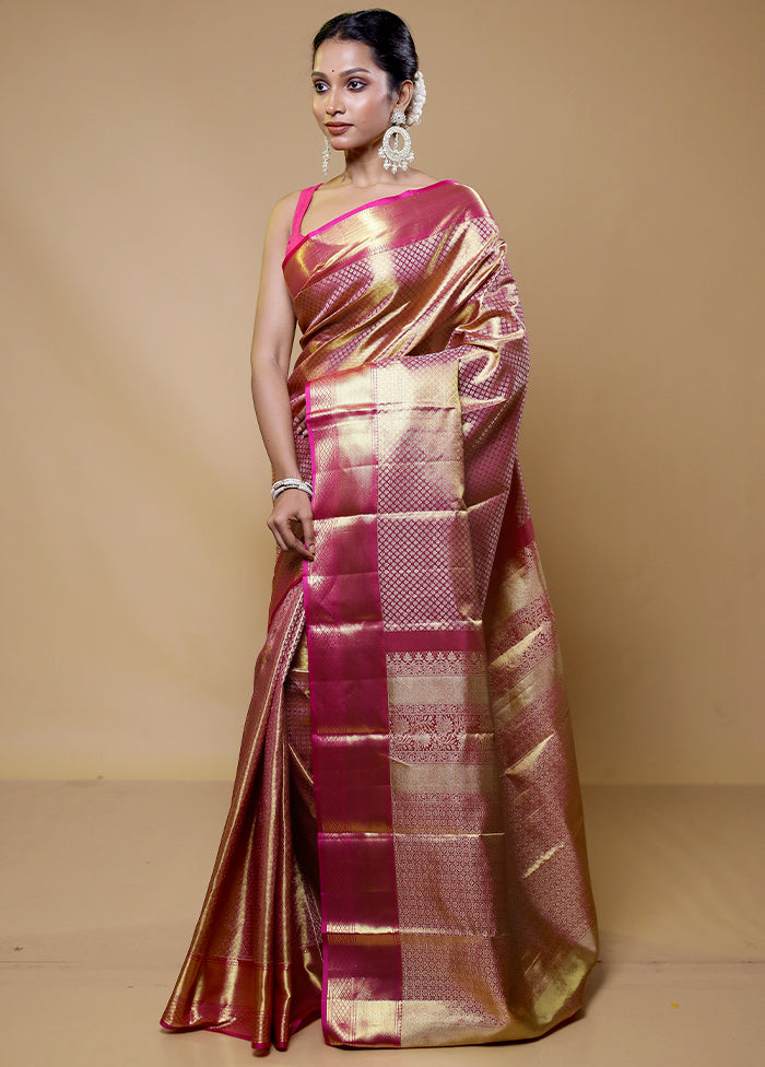 Pink Handloom Kanchipuram Pure Silk Saree With Blouse Piece