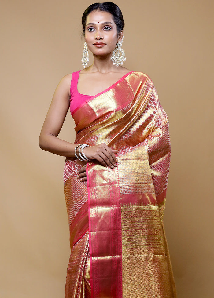 Pink Handloom Kanchipuram Pure Silk Saree With Blouse Piece