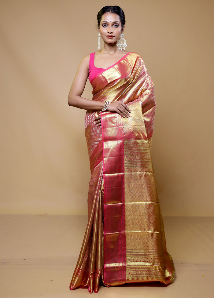 Pink Handloom Kanchipuram Pure Silk Saree With Blouse Piece