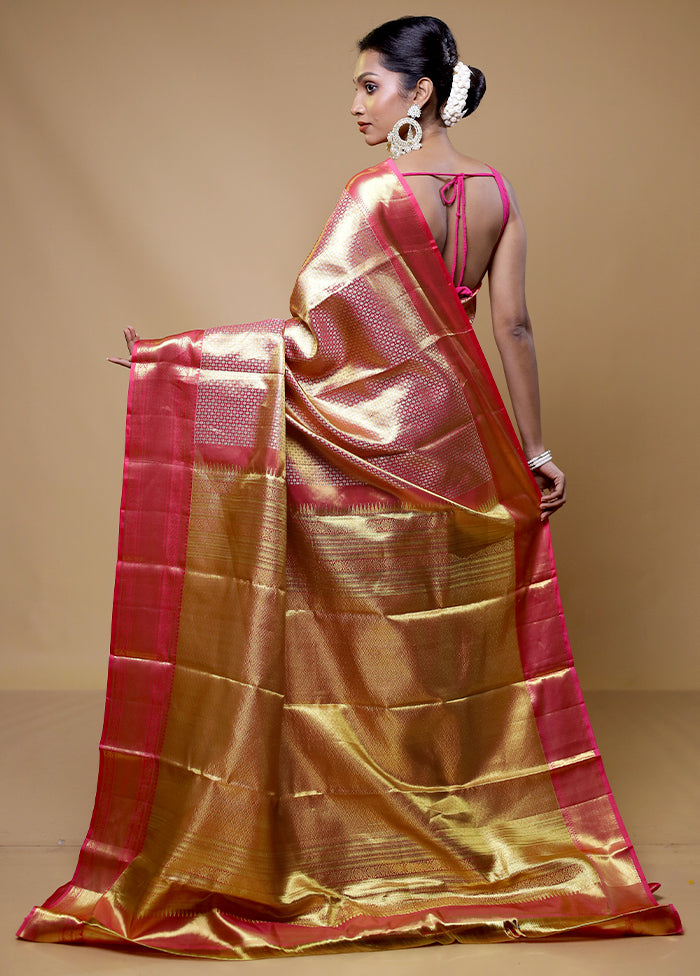 Pink Handloom Kanchipuram Pure Silk Saree With Blouse Piece