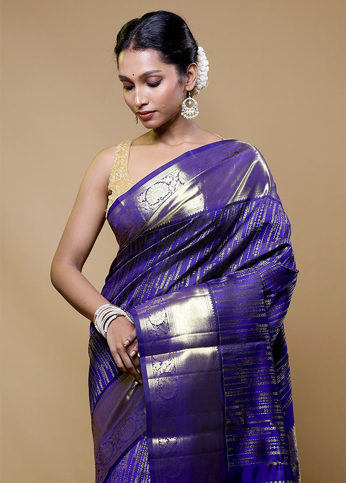 Purple Handloom Kanchipuram Pure Silk Saree With Blouse Piece