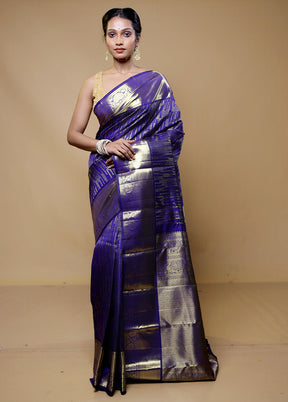 Purple Handloom Kanchipuram Pure Silk Saree With Blouse Piece