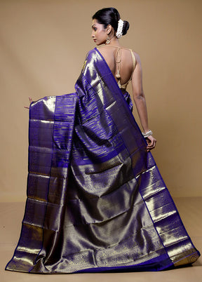 Purple Handloom Kanchipuram Pure Silk Saree With Blouse Piece