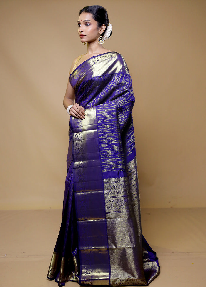 Purple Handloom Kanchipuram Pure Silk Saree With Blouse Piece